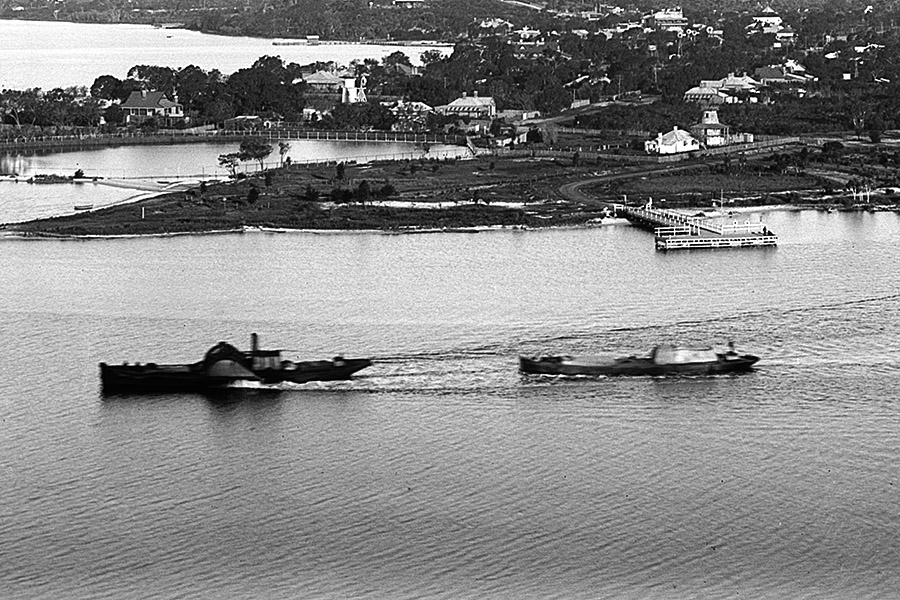 Steamer towing a barge upriver past South Perth c1901 photo.MHD 451_0232.